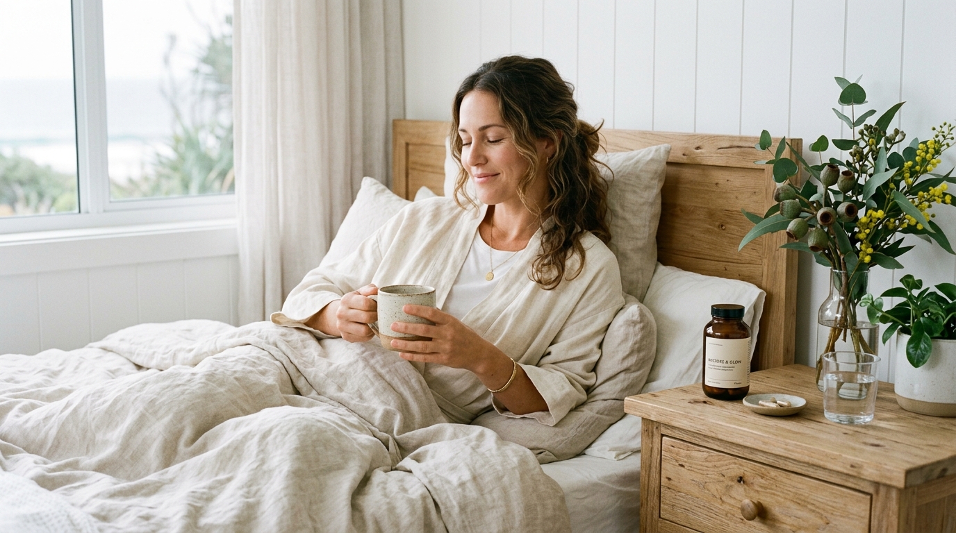Restorative Australian bedroom setting with magnesium sleep supplement and herbal botanicals