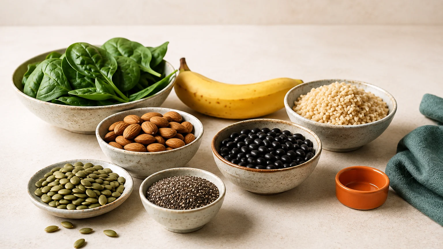 Bowls of spinach, seeds, almonds, black beans and grains with a banana.